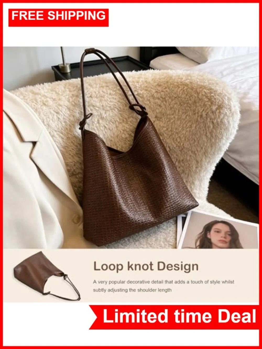 2-Piece Woven Texture Hobo Bag Set Vegan Leather Tote & Clutch Large Capacity